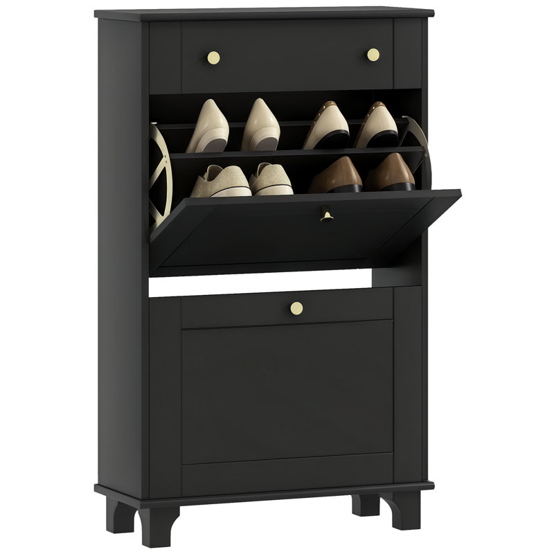 Entryway Cabinet with 2 Flip Drawers for 12 Pairs of Shoes, Black