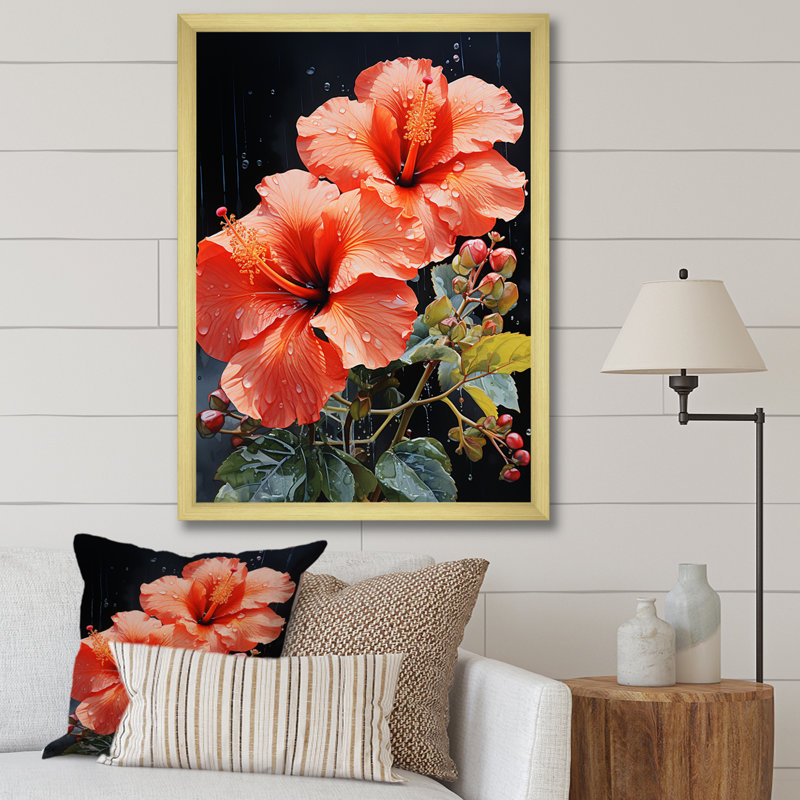 Hibiscus tropical - rose, Cadre photo doré simple, H 32 po x l 24 po x P 1 po