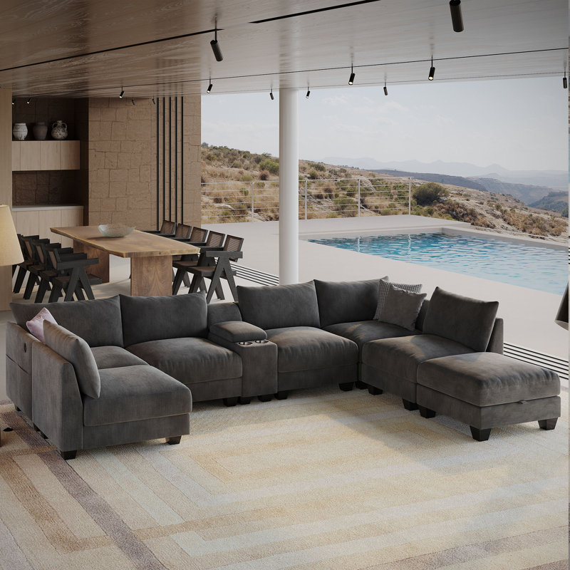 136 '' Modern U-shaped Sectional Sofa, Living Room Modular Cloud Couch With Ottoman And Console, Gray