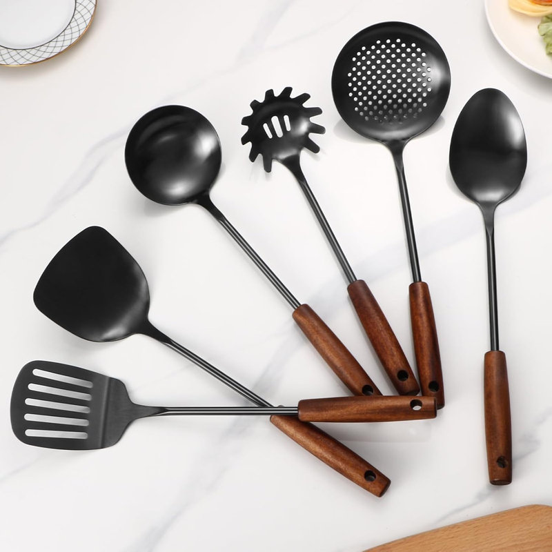 Ensemble d'ustensiles de cuisine 6 pièces en acier inoxydable avec poignée en bois, ustensiles de cuisine de qualité professionnelle 304, résistant à la chaleur, lavable au lave-vaisselle pour un nettoyage facile