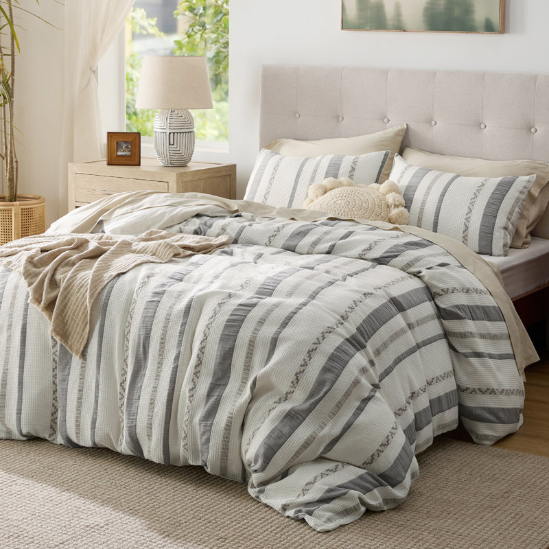 Housse de couette 100% coton bohème, Housse de couette pour très grand lit + 2 taies d, Strip White
