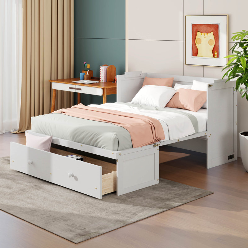 Murphy Bed Cabinet, Solid Pine Wall Bed Chest With USB, Charging Station And Large Storage Drawer, White