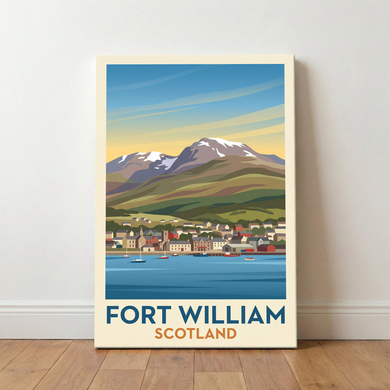 Fort William, Scotland - Romantic Highland Travel Poster: Ben Nevis and Loch Linnhe. Giclee Print on Wrapped Canvas. Wall Art, Home Decor - Cities & Towns, Scotland 1 Piece Wrapped Canvas Wall Art
