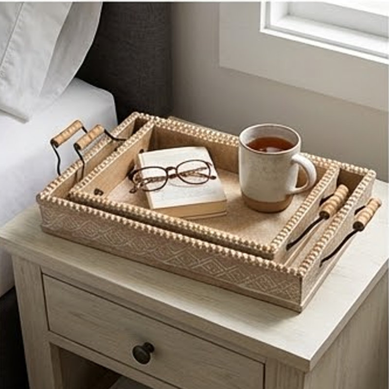 Rectangular Nesting Tray Set Of 2, Beaded Edge, Whitewashed Brown Wood