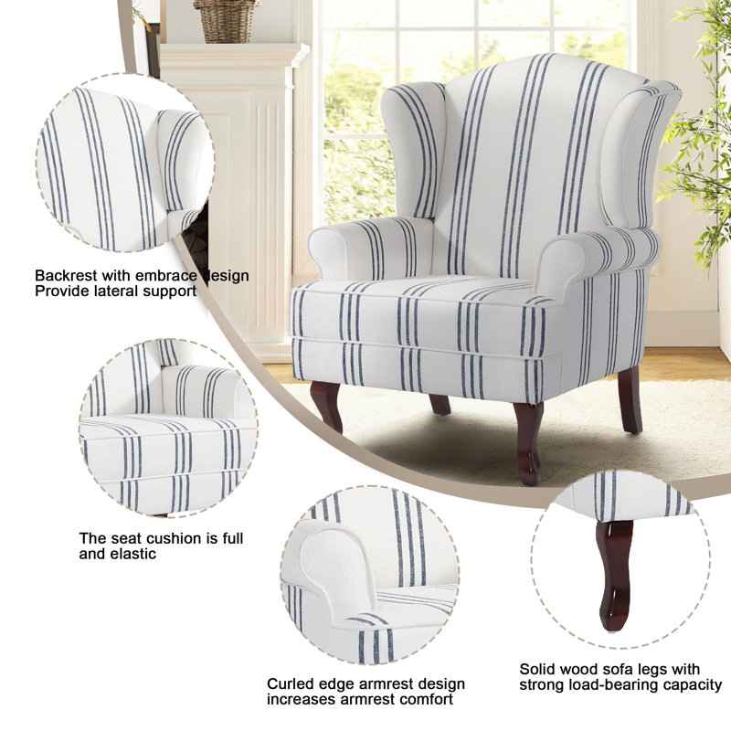 Dokun Berio 79 Cm Wide Linen Wingback Chair, Stripe Navy Linen