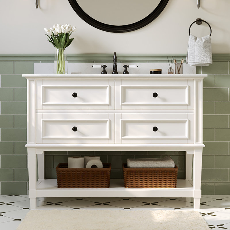 48" Fully Assembled Single Bathroom Vanity with 4 Drawers, Shelf and Engineered Marble Top,White, White