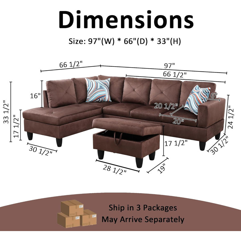 3-Piece Brown Microfiber Modular Sectional Sofa, Right Hand Facing