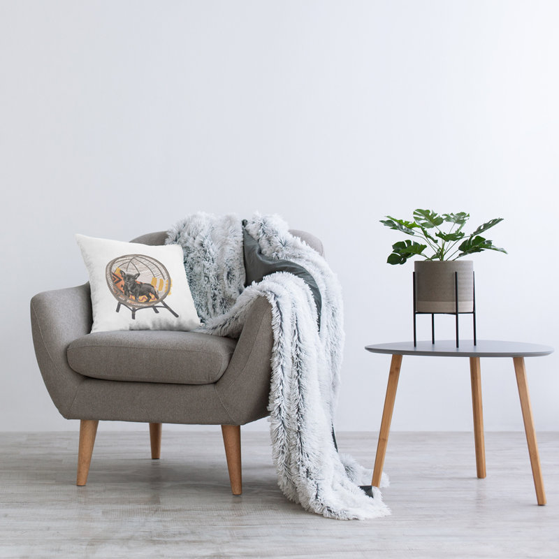 Black Puppy Dog Boho Woven Chair Design Throw Pillow Set