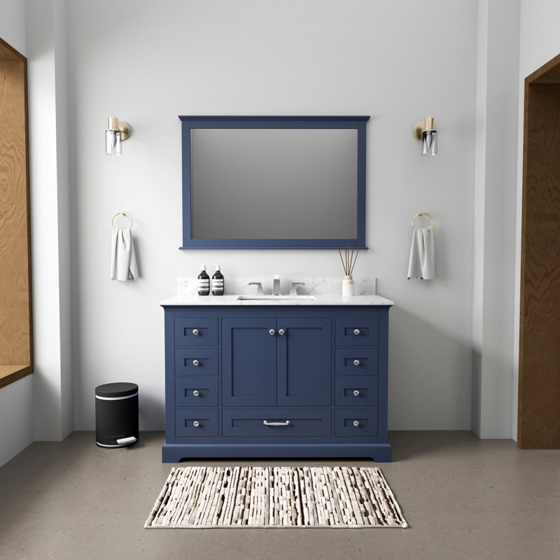 48 po W, meuble-lavabo simple, bleu marine, comptoir en marbre, 8 robinets, 46 miroirs muraux, 22 profondeurs de large, surface incluse