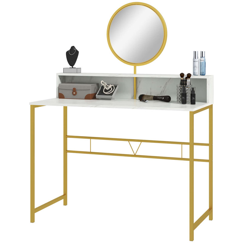 Bureau de maquillage avec miroir Modern, coiffeuse avec rangement ouvert, finition en faux marbre et structure en acier pour la chambre à coucher, blanc et or