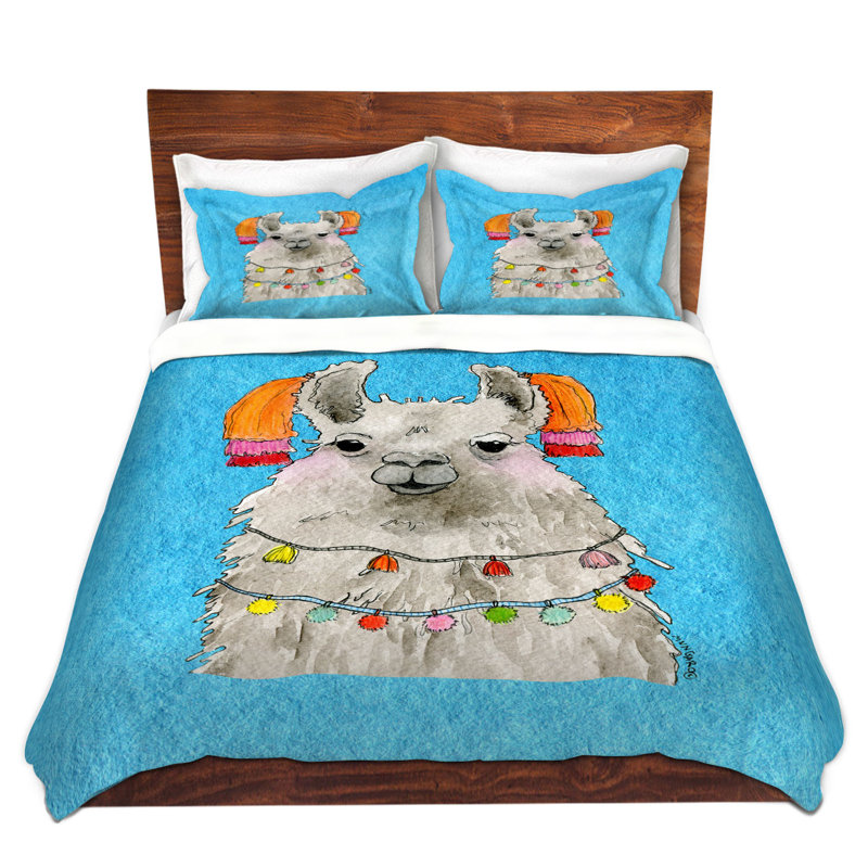 Ensemble de housse de couette des pompons llama light, 1 housse + 2 taies très grand lit, Bleu / Gris