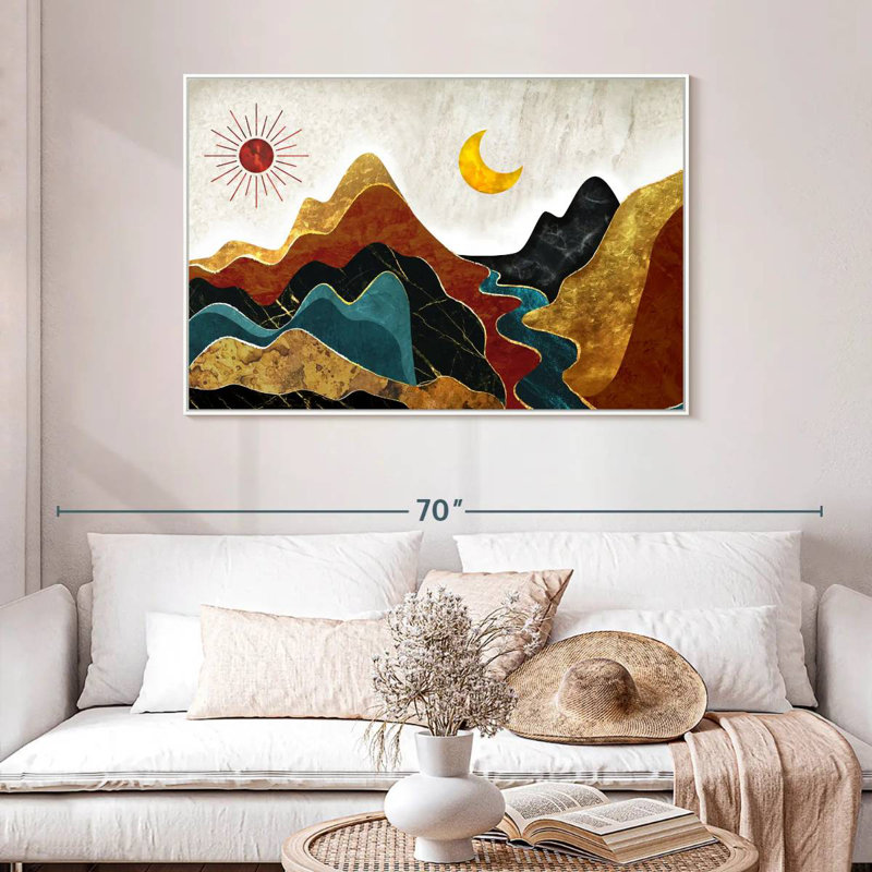 Paysage de montagne texturé abstrait, 19 po x 13 po, Cadre flottant en noyer