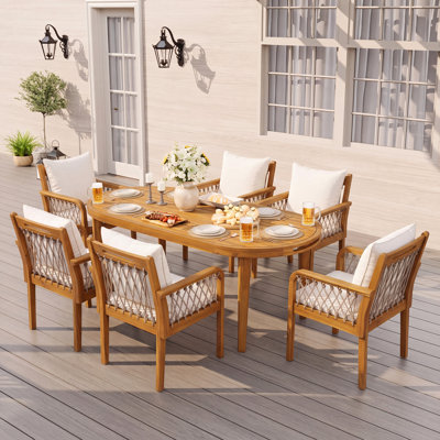 7-Piece Outdoor Acacia Wood Dining Set with Rope-Woven Armchairs, Weather-Resistant Patio Table & Chairs with Cushions
