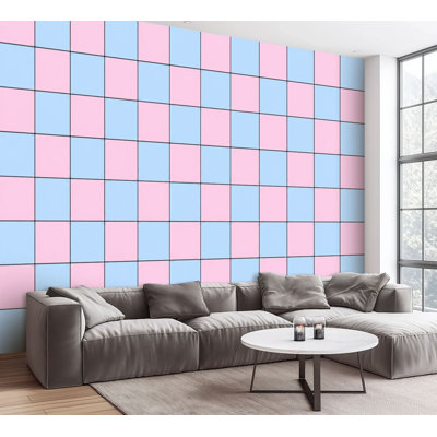 Papier peint adhésif à carreaux autocollant quadrillé rose pastel, bleu clair, géométrique, carrés, autocollant, papier contact amovible, décoration murale pour salon Chambre à coucher H 100 po x l 144 po