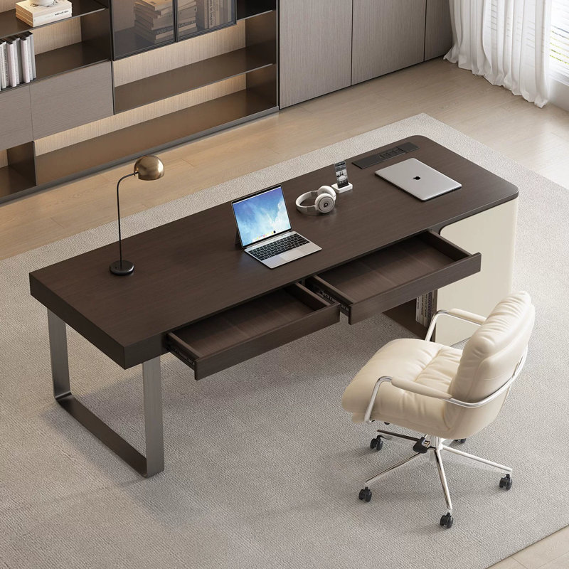 Solid Wood Solid Wood and Stainless Steel Credenza Desk with Built-In Electrical Outlet