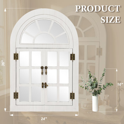 Arched Wooden Framed Wall Mirror With Opening Doors, Vintage Decorative Window Style Mirror