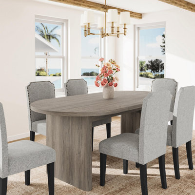 70.8" Oval Dining Table Set for 6, 7-Piece Kitchen Table with Thick Sturdy Wooden Base & 6 Upholstered High-Back Chairs with Wood Legs and Padded Seats