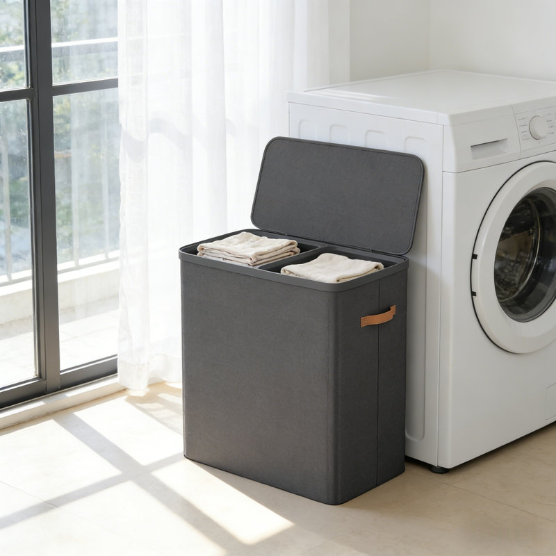 Panier à linge double 44,9 gallons avec couvercle, deux compartiments, sacs et poignées amovibles, panier à linge à assemblage rapide