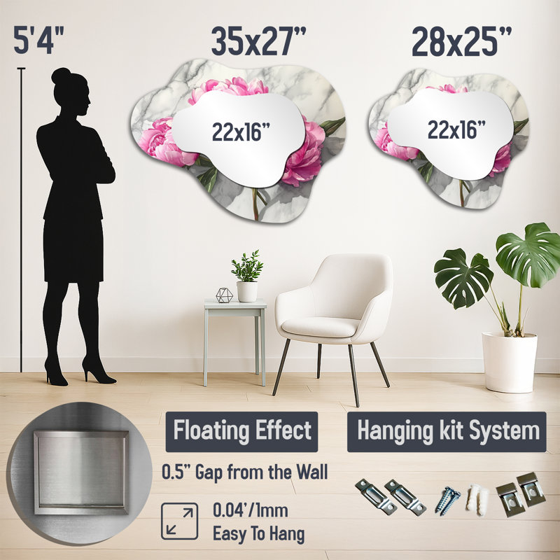Pink Peonies On Marble Countertop - Peonies Asymmetrical Wall Mirror, Traditional Vanity Mirror, Printed on Metal, 25" x 28"