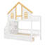 Lit superposé pour enfants avec toit de maison, fenêtre, porte, escalier et tiroirs de rangement