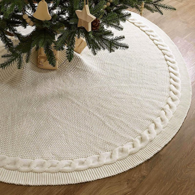 Jupe de sapin de Noël en maille torsadée blanc crème, cache-pied de sapin rustique vintage, décoration de Noël chaleureuse