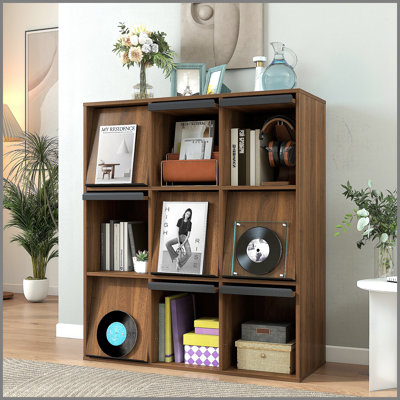 3×3 Cubby Cube Storage Bookcase with Flip Doors, Nine Compartment Cube Organizer Cabinet, Freestanding Display Bookshelf for Living Room Bedroom Office