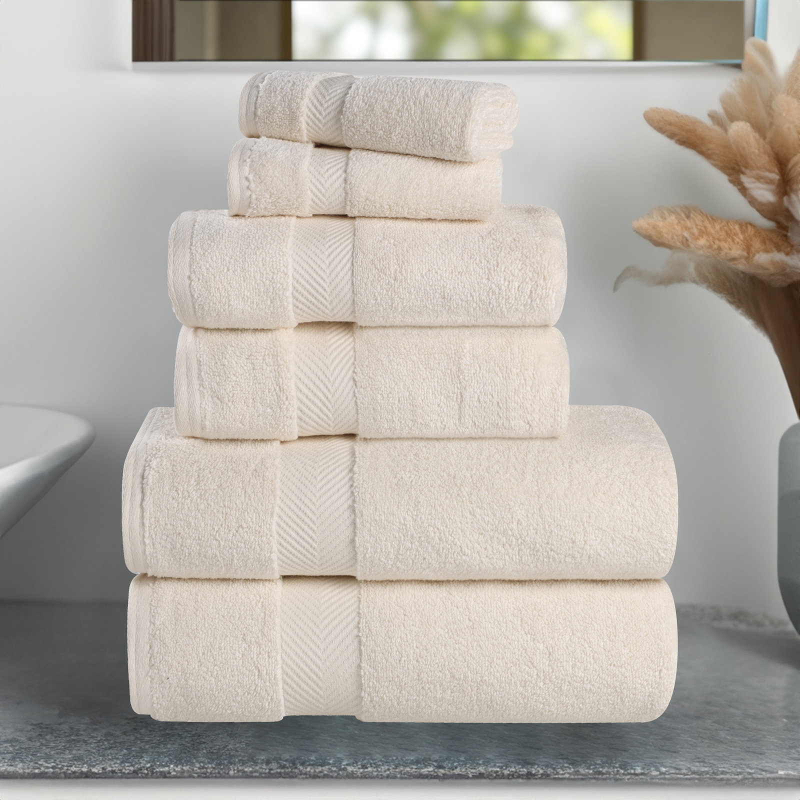Hamachi 6-Piece Cotton Towel Set, Ivory, 6 Piece Towel Set