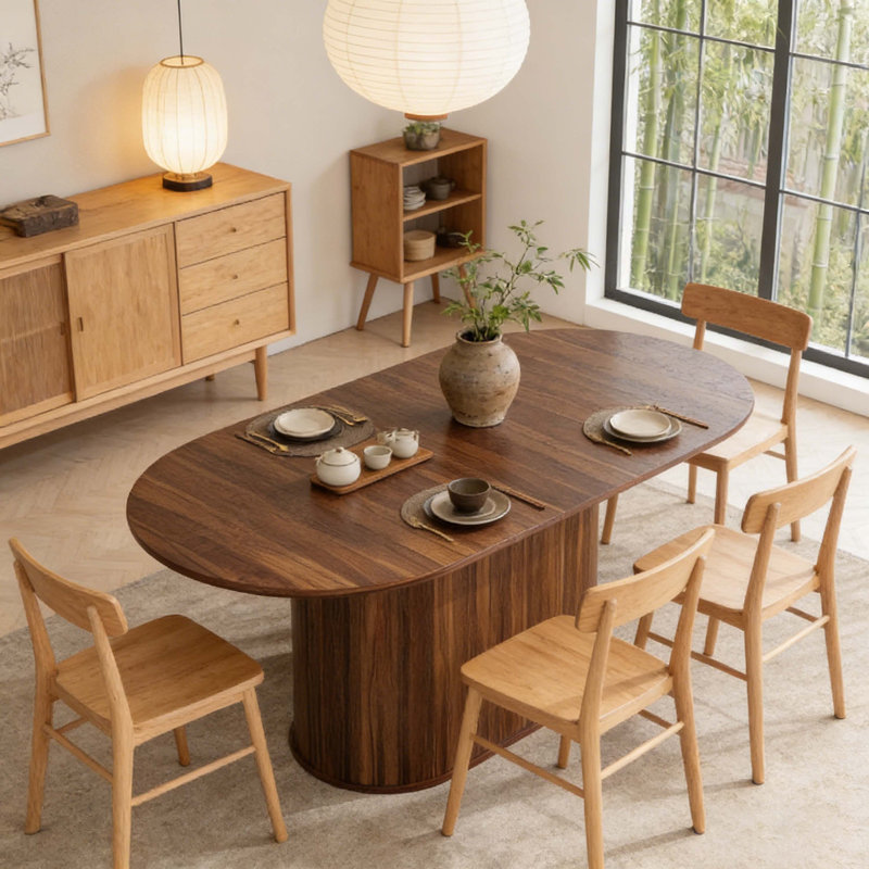 55.11"-70.86" Walnut Extendable Oval Dining Table With Striped Pedestal Base For Kitchen & Living Room, Walnut