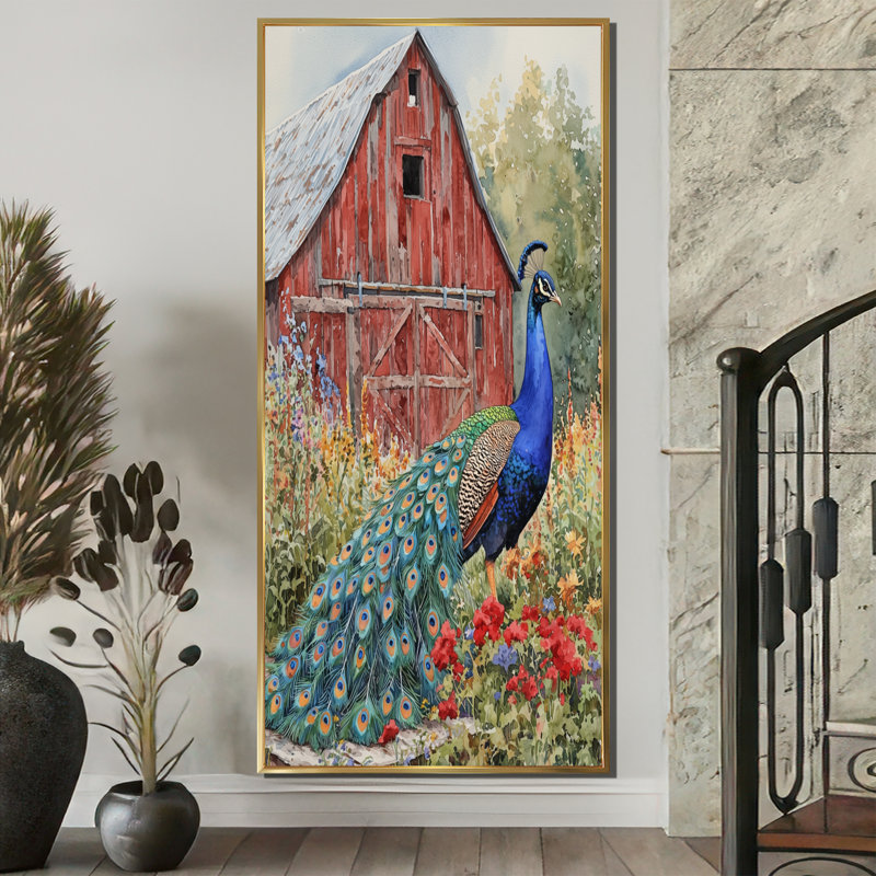 «Ickes Peacock At The Farm Garden I», art mural oiseau, H 60 po x l 28 po, Impression encadrée flottante, Doré