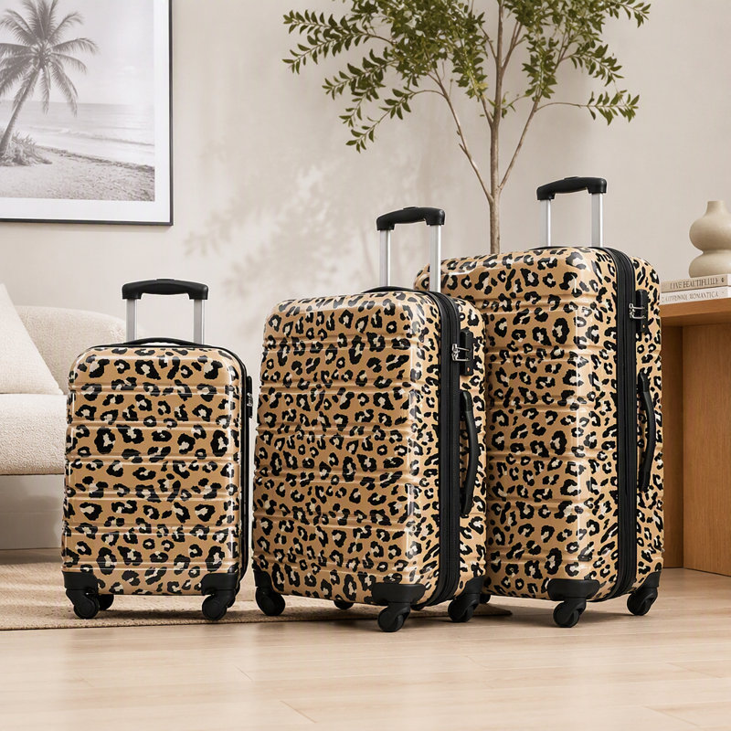3 valises à roulettes pivotantes avec serrure TSA, légères - 20" + 24" + 28", Léopard brun
