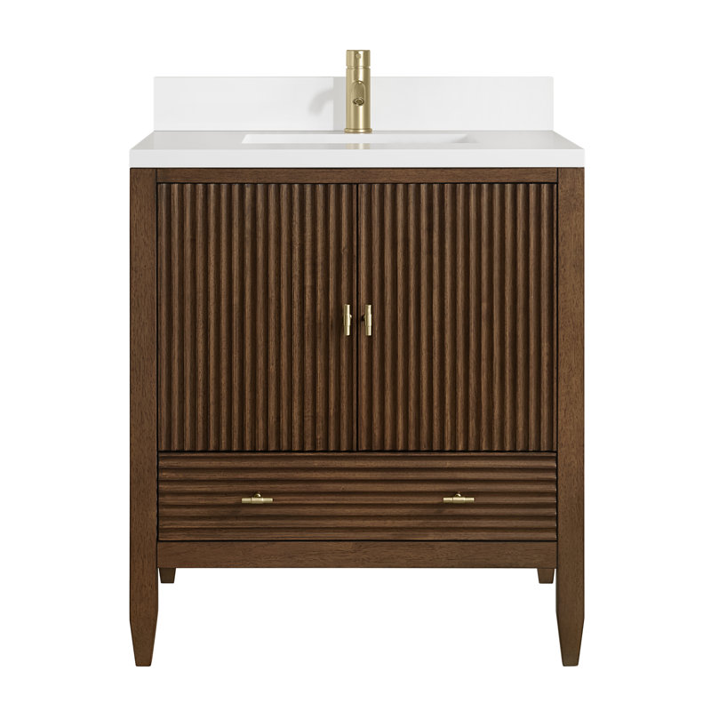 Myrrin 30" W Single Vanity, Single-Hole, White Zeus Silestone with Backsplash, Mid-Century Walnut