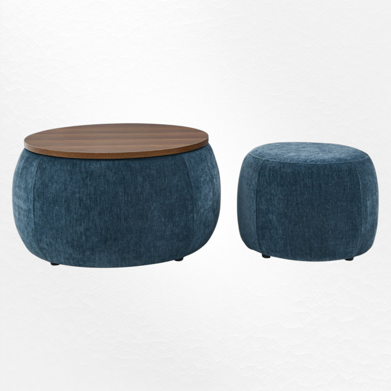 Table basse rembourrée avec repose-pieds, Brun, Bleu très foncé
