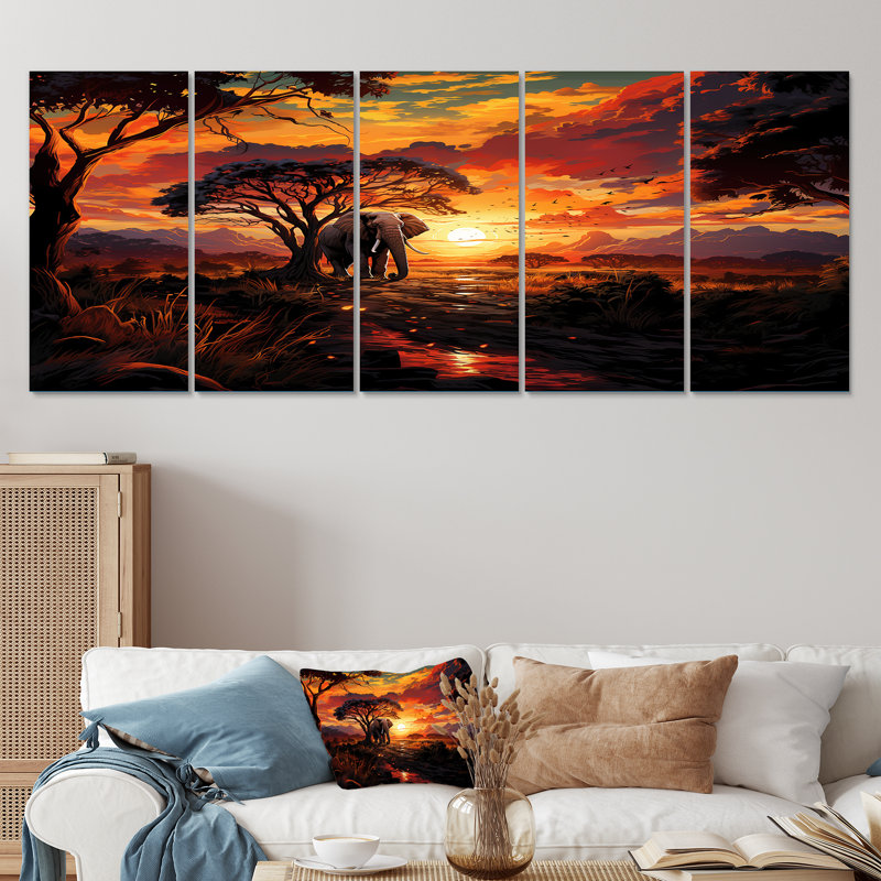 "Coucher de soleil africain avec 5 éléphants" 5 pièces, H 28 po x l 60 po