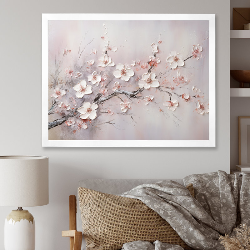 Rose et gris, fleur de cerisier, impression encadrée de fleurs roses, H 16 po x l 32 po, Cadre photo unique, Blanc