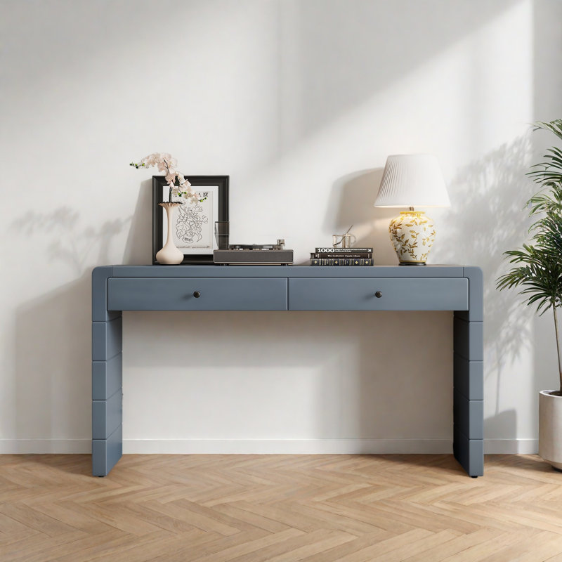 Curved Console Table With Storage, Wooden Entryway Table With 2 Drawers, Farmhouse Rustic Console Tables For Entryway, Hallway, Living Room
