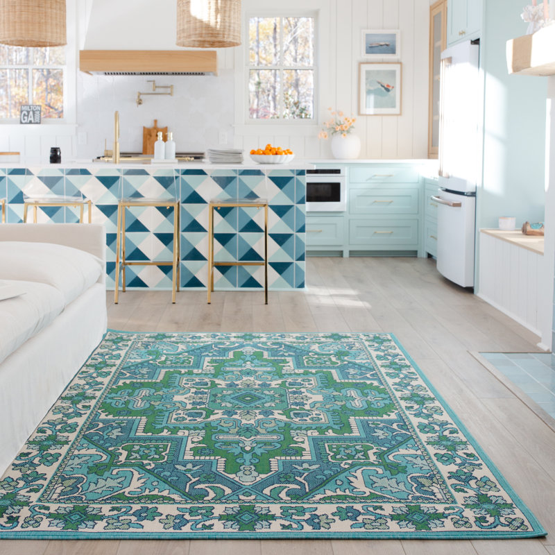 Tapis bleu / vert Aganlane, Rectangle 6 pi 7 po x 9 pi 7 po
