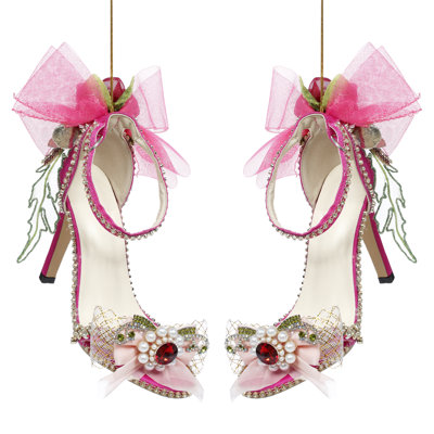 Chaussure fuchsia, avec ruban et ornement en diamant - 3 x 8 pouces, ensemble de 2
