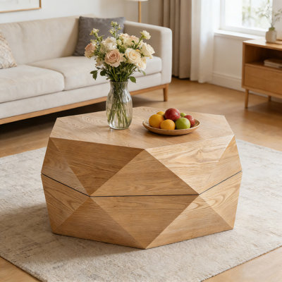 Table basse ronde 36,61 po avec rangement caché en bois massif et table basse hexagonale pour salon, bureau à domicile, bois naturel