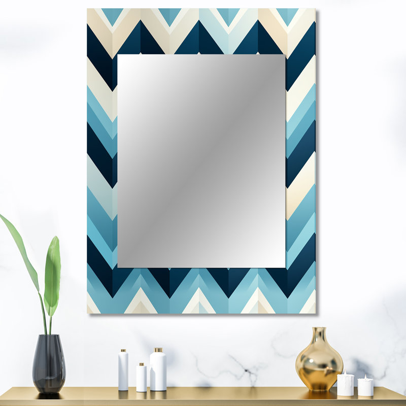 Theisen Blue And White Geometric Harmony Chevron Pattern - chevron  Mirror, Glam Decorative Wall Mirror, Printed Metal Art