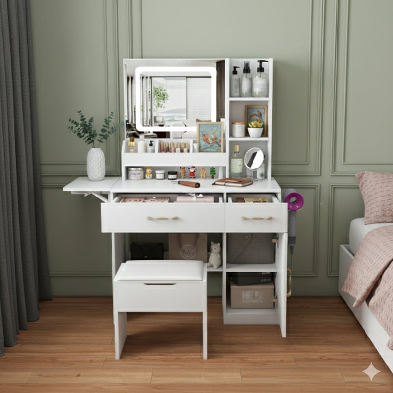 Vanity Desk Featuring LED-Lit Mirrors And A Power Outlet Charging Station. This Makeup Dressing Table Comes With Three Drawers, Seven Shelves, And A Storage Stool. Designed For Girls And Women, In White.