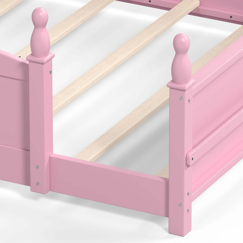 Lit de sol Montessori Queen avec barrières de sécurité pleine longueur et bibliothèque intégrée, Rose