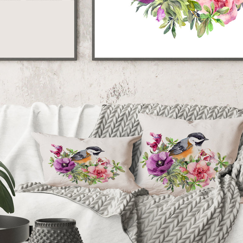 Housse et insert de coussin carré mignon oiseau et fleurs, 18" x 18"