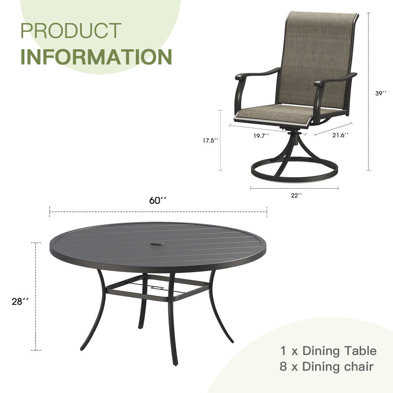 Ensemble de salle à manger 7 pièces pour table ronde d'extérieur avec chaise pivotante 7 pièces, Noir / brun, 8