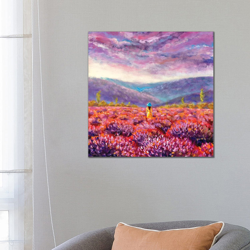 Beautiful Girl In A Yellow Dress Stands In A Flower Field, Lavender Field - Wrapped Canvas Painting