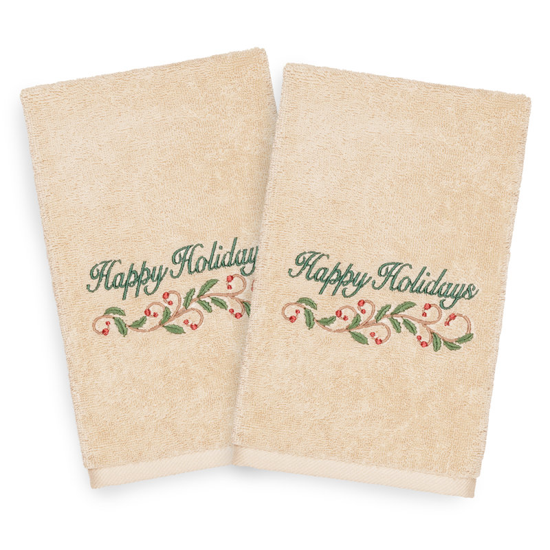Christmas Happy Holidays Embroidered Luxury Turkish Cotton Hand Towel, Sand