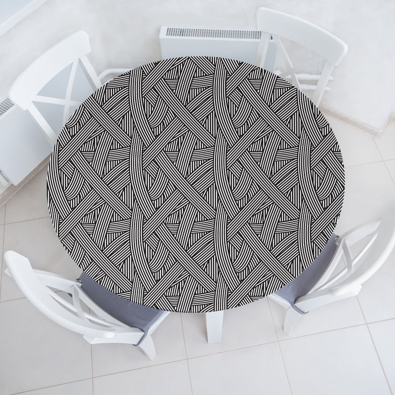 East Urban Home Stripe Fitted Round Tablecloth Diameter Charcoal Grey and White, 64.17" Round