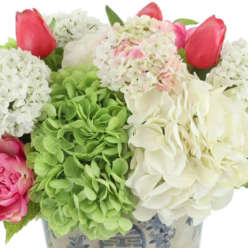Hydrangea, Viburnum and Peony Arranged in a Ceramic Pot