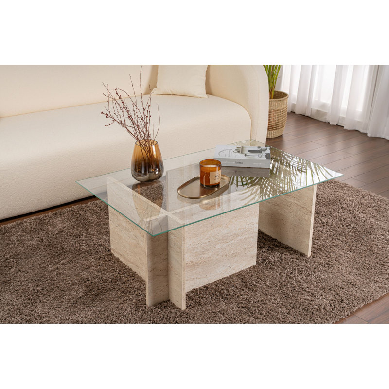 Table basse moderne avec plateau en verre trempé, 41,3 po x 15,7 po x 25,6 po | Structure 100% en panneau de particules recouvert de mélamine, conception élégante en marbre | Parfait pour le salon et les espaces contemporains