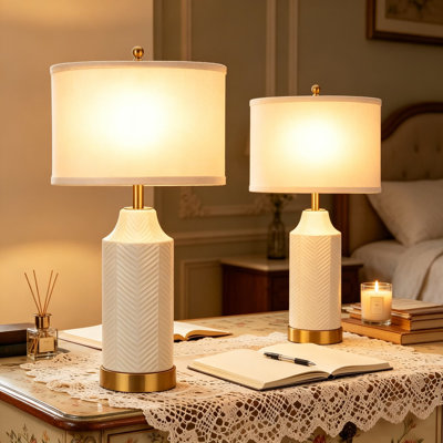 Set Of 2 Modern Touch Table Lamps With USB A+C Charging Ports, Dimmable Ceramic Nightstand Lamps With Linen Shade For Bedroom And Living Room