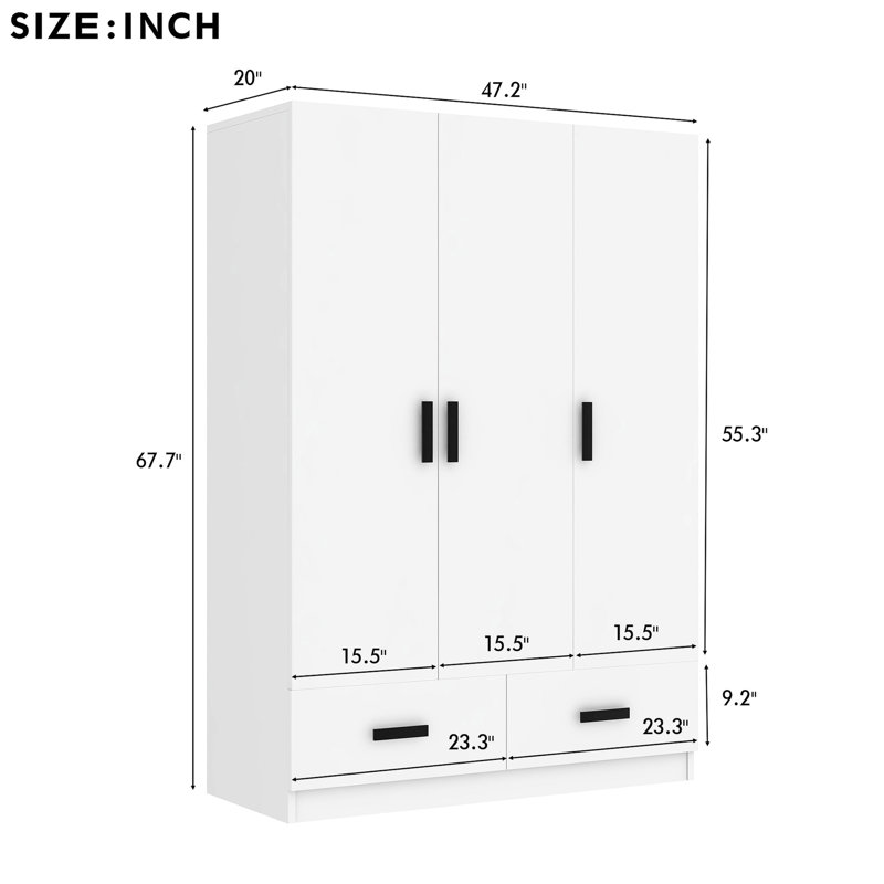 Garde-robe de chambre à coucher blanche avec tringle suspendue - garde-robe à 3 portes fonctionnelle pour une utilisation quotidienne